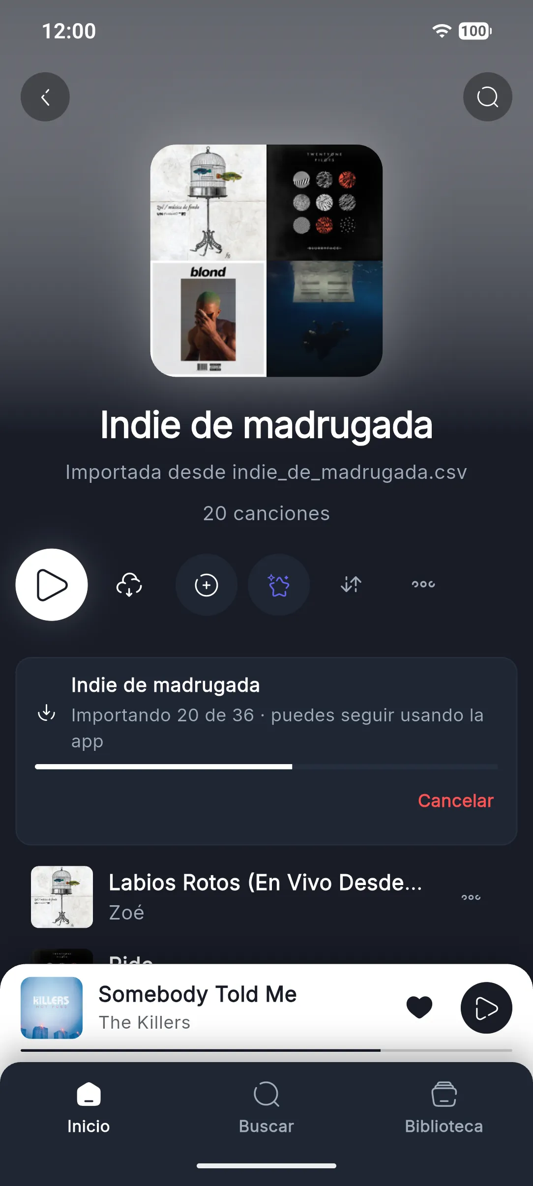 Importación en segundo plano de la playlist Indie de madrugada: importando 20 de 36 canciones, se puede seguir usando la app.